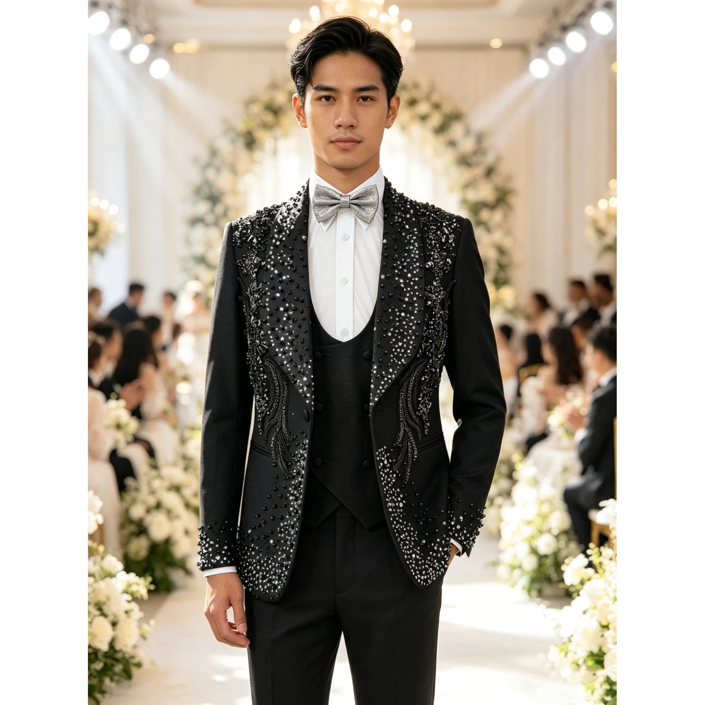 3 PCS Set Xs-3XL Plus Size Men's Luxury Tuxedo Suit Handmade Blazer Shiny Jewelry Ornament Hand Embroidery Formal Wedding Groom Guest Evening Business Dinner Party Prom Red Carpet Celebrities Luxury Clothes
