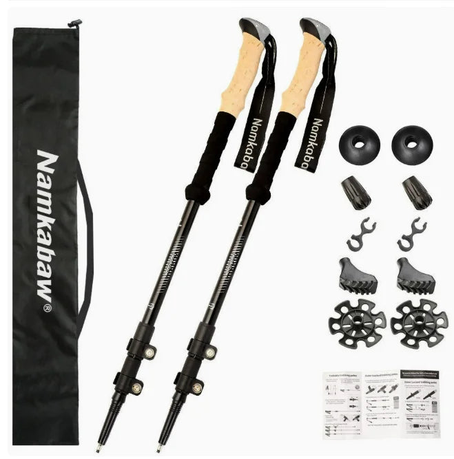 2 PCS Set Modern Durable Portable Outdoor Aluminum Alloy 3-Section Adjustable Length Telescopic Hiking Walking Stick Wood-Like Handle Climbing Walking Hiking Sports Activities Accessories