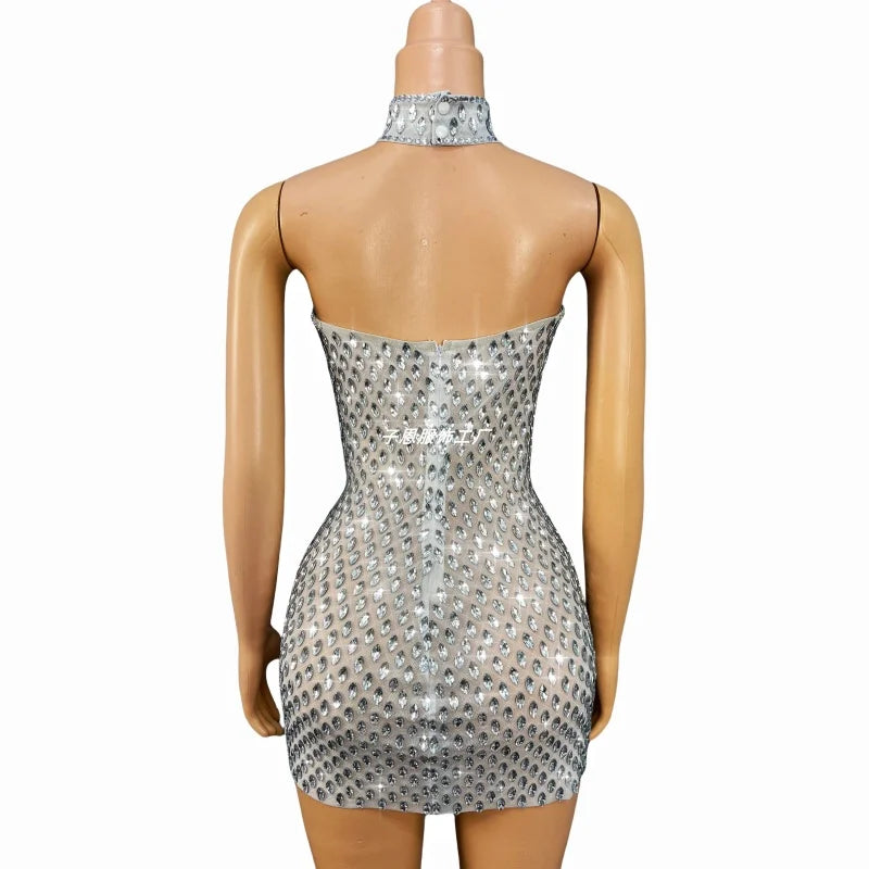 NEW Set Women's Flashing Silver Rhinestones Evening Elegant Stage Performance Wear Night Clubwear Evening Prom Party Wedding Guest Sexy Mini Dress Ladies Sexy Apparel Supplies.