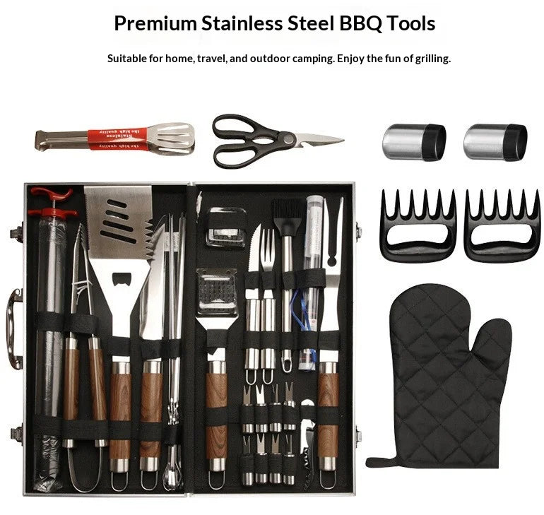 38 PCS Set Stainless Steel BBQ Camping Grill Tool Set with Wooden Handles and Skewers Aluminum Box for Outdoor Picnic & Baking Cooking Tools Sets