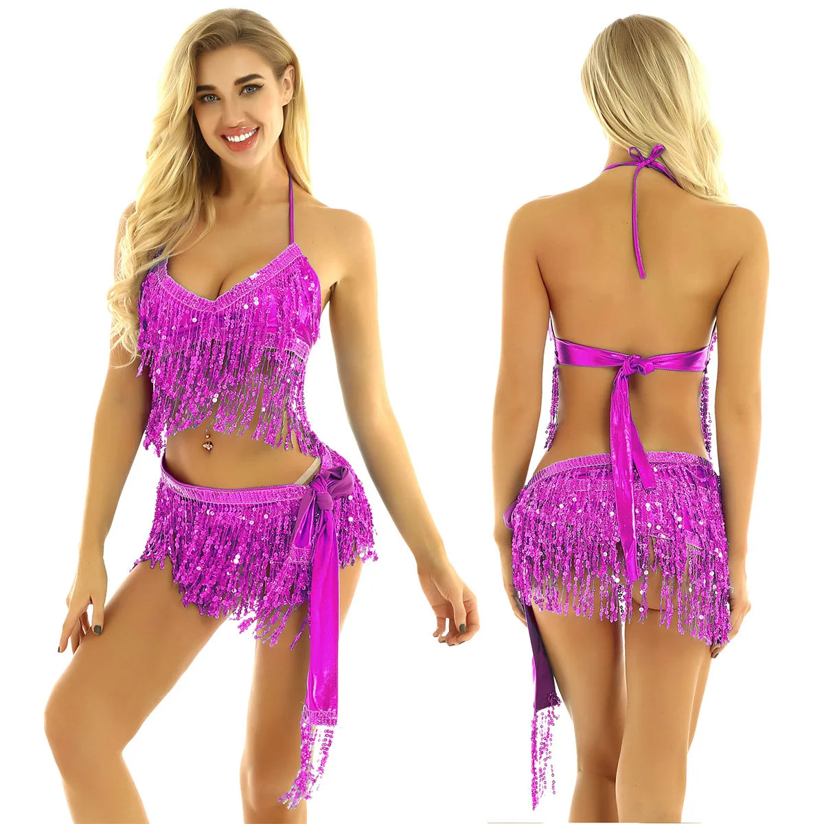 NEW Arrivals 9 Colors Women Shiny Sequins Tassels Carnival Rave Performance Belly Dance Costume Halter Bra Tops with Hip Scarf Wrap Skirt Set Ballroom Competition Dancing Dresses