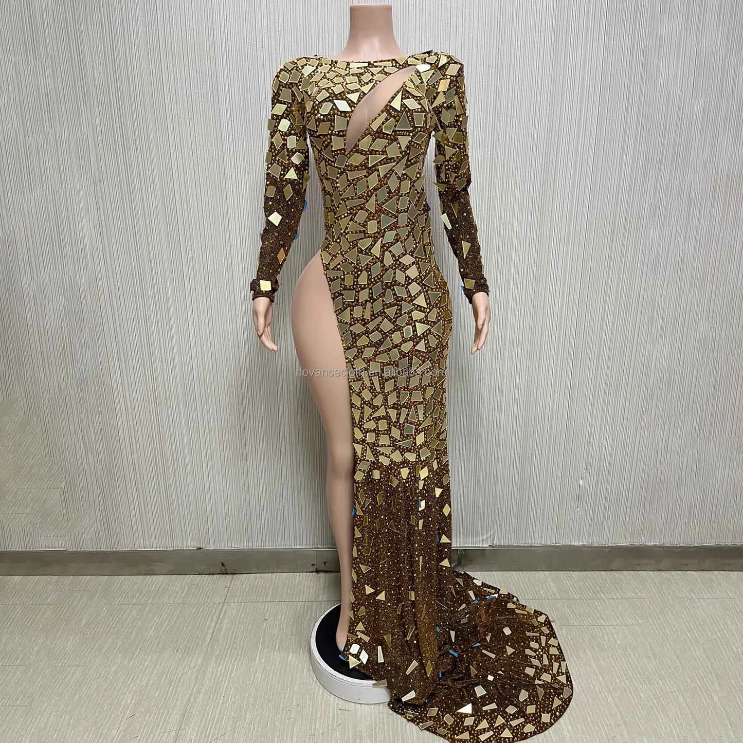 Luxury Mirror Glitter  Women  New Sexy High Slit Glittering Mirror Sequins Gold Dress Autumn Winter Spring Woman Dresses With Long Elegant Sweep Train Night Clubwear Prom Evening Party Luxury Maxi Gown
