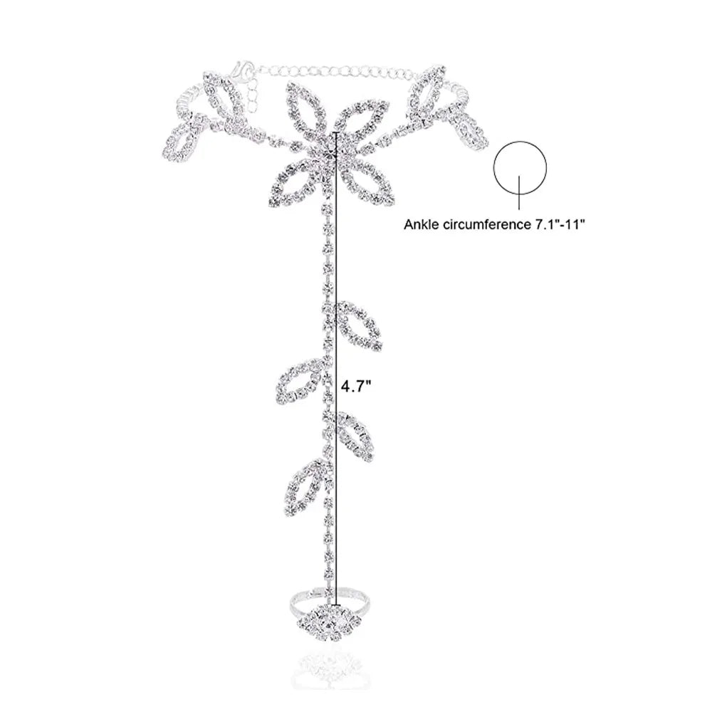 NEW Arrivals Summer 1Pcs Rhinestone Leaf Finger Anklet for Women Luxury Silver Color Leaf Hand Harness Bracelet Jewelry Gift Female Girls Summer Beach Footwear Casual Streetwear Fashion Apparel Accessories Supplies