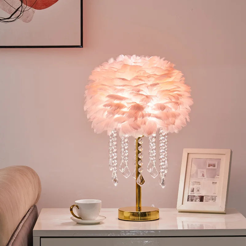 Pink/White Color Italian Modern Luxury Goose Feather Crystal Table Lamp Study Living Bedroom Decoration Lampshade Desk Lamp Bedside Eye Protection Reading Light