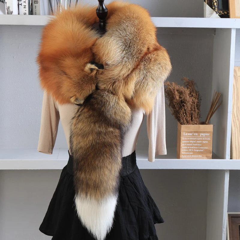 120cm Long 5 Colors New Luxury Brand Genuine Real Silver Red Fox Fur Scarf High Quality Soft Fluffy Winter Shawl with Luxury Fur Collar Wedding Guest Evening Business Party Prom Women and Men Luxury Apparel Accessories