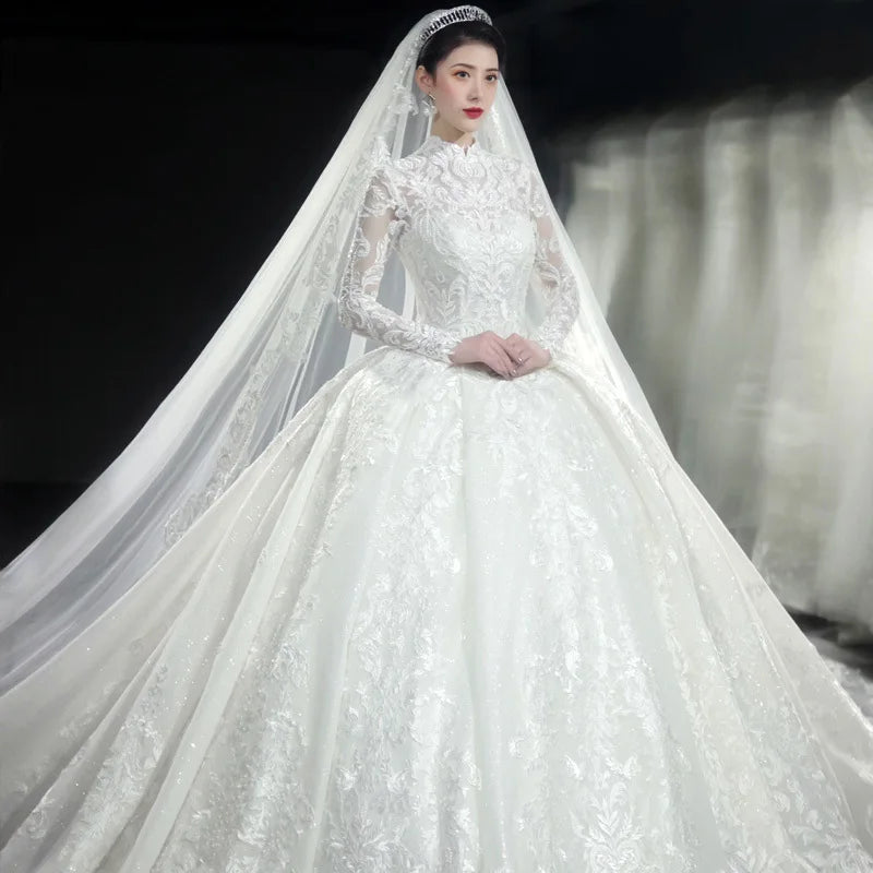New Winter Muslim Bridal Wedding Dream Court Starry Trailing Long Sleeve French Turkish Istanbul  Islamic Luxury Beaded Wedding Dress in Dubai Ladies Religious Wedding Ceremony Luxury Modest Gown