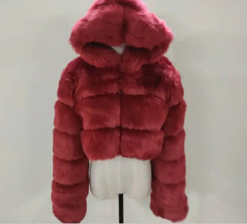 NEW Arrivals S-3XL Coffee/Dark Gray/Black Fashion Women Environmental Red Faux Fox Fur Coat with Hood Thick Warm Full Pelt Fake Fur Jacket Short Winter Woman Fur Coat Ladies Girls Luxury Fashion Clothing Supplies