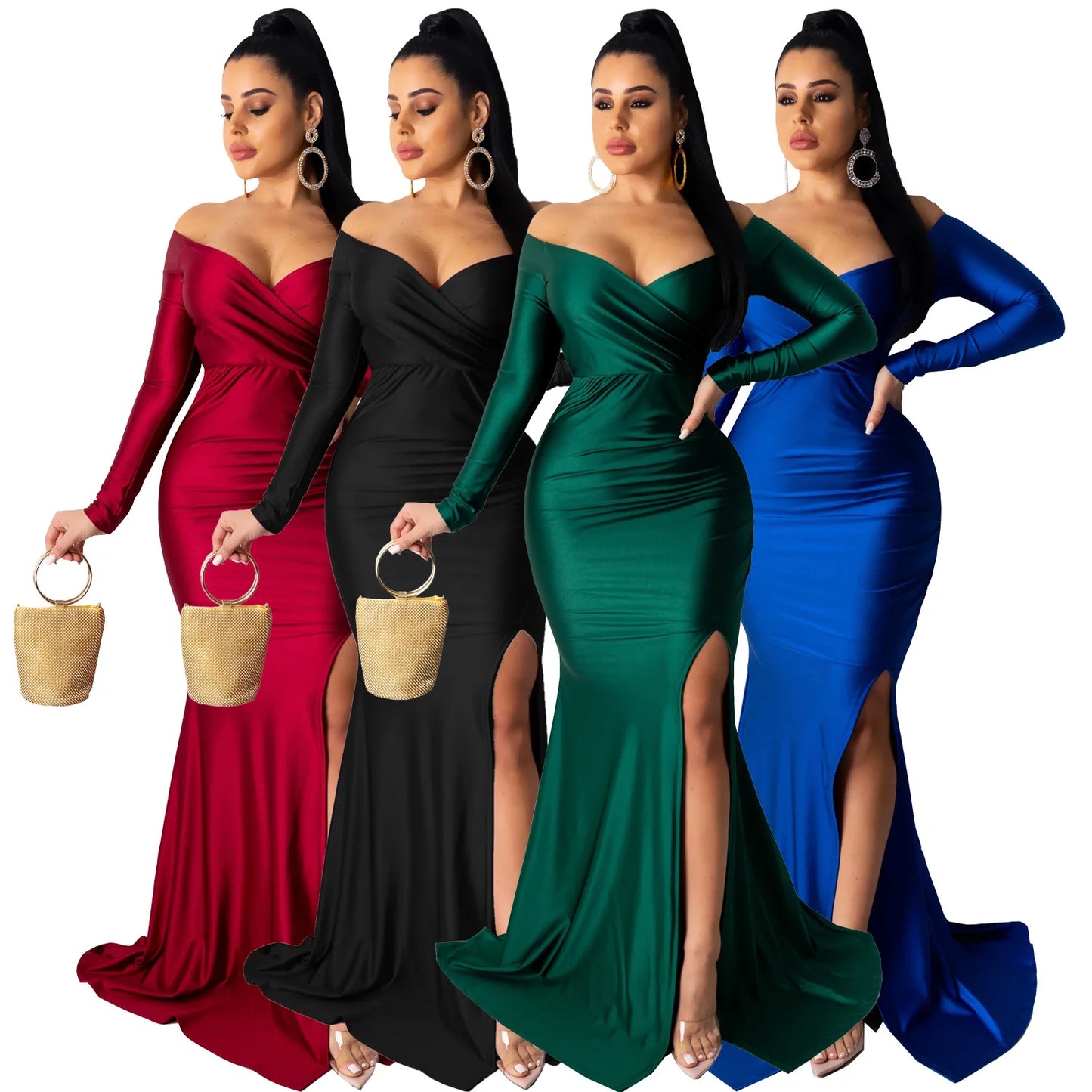 New Arrival S-2XL Women Luxury Gowns Wedding Guest Bridesmaid Evening Dresses High Slit Long Sleeve V-Neck Maxi Dress Ladies Long Party Dresses Women Luxury Apparel Supplies