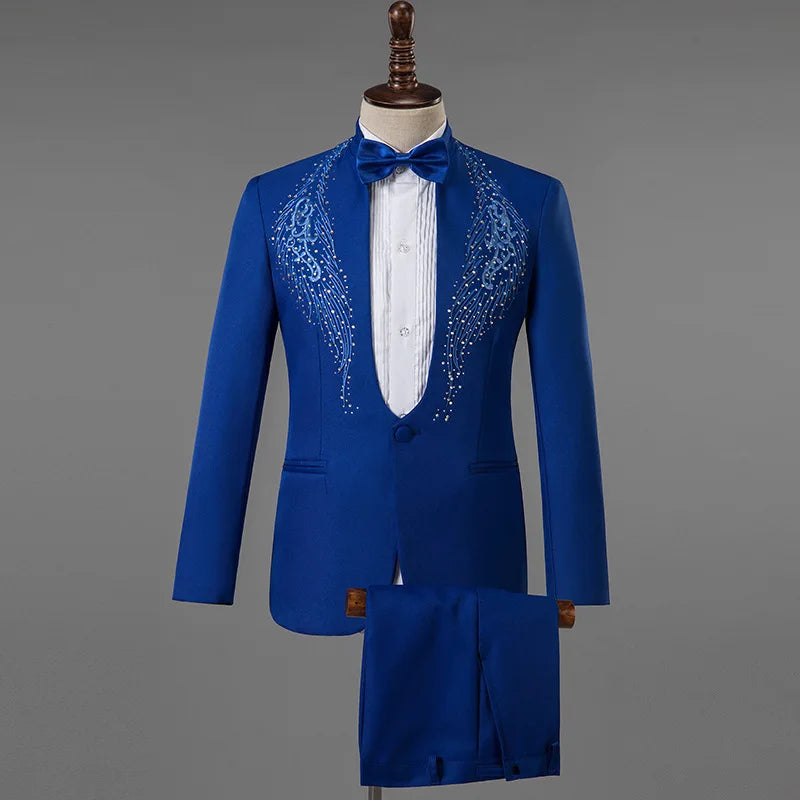 Father of Bride Men's Luxury Stand Collar Rhinestones Suit S-2XL New Fashion Embroidery Blazer Slim Set Wedding Evening Prom Party Night Business Party Celebrities Costume Gentleman Formal Apparel Supplies