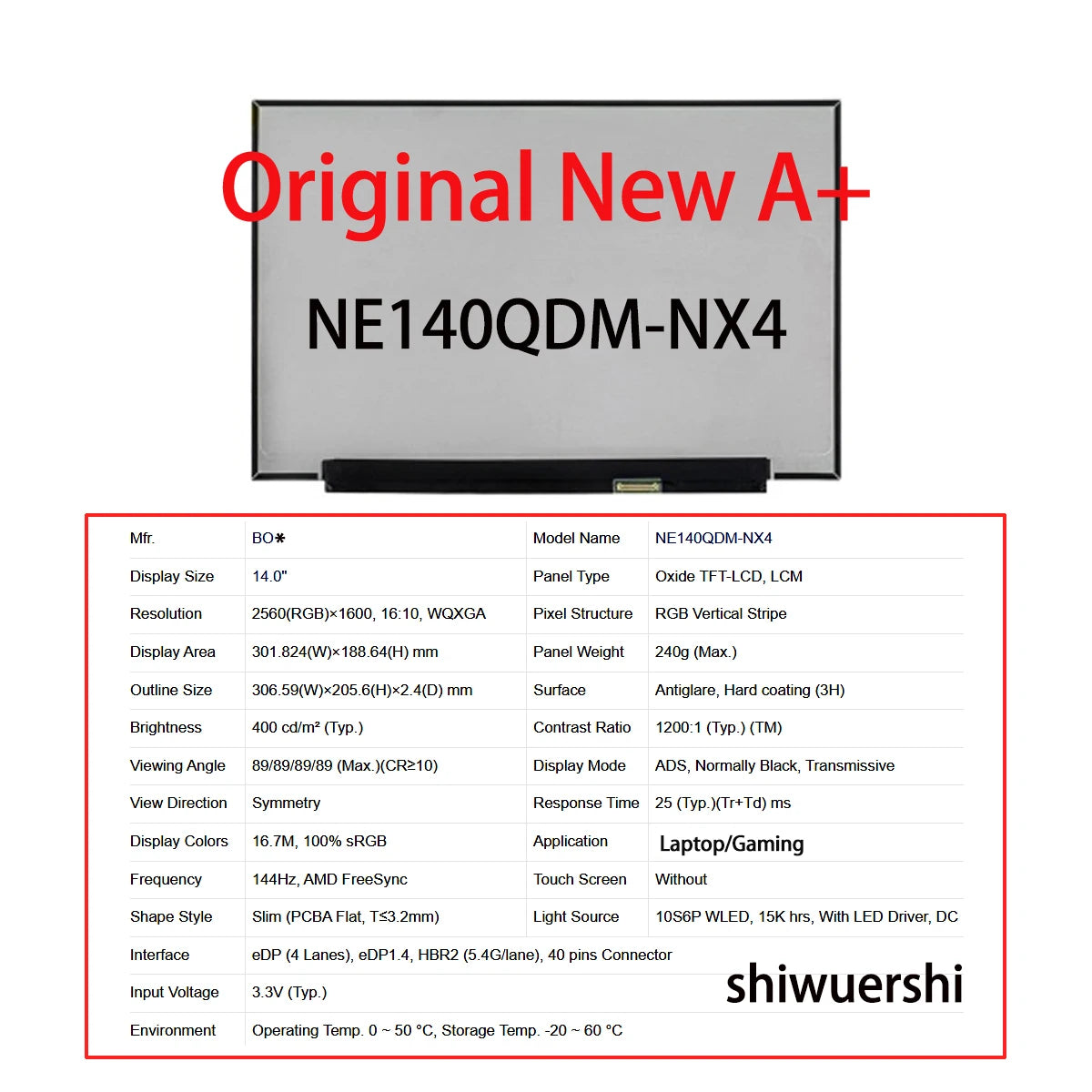 NEW 14 Inch LCD Screen Panel 2560*1600 EDP 40pins Replacement NE140QDM NX2 N41 N42 NX1 NX3 NX4 NX5 NX6 NX7 NY1 NY2 NY3 Computer Accessories