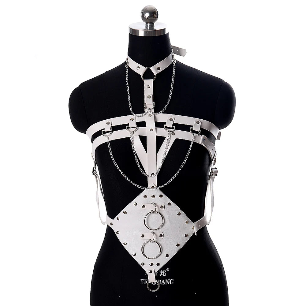 NEW Gothic White Leather Full Body Harness Bra Cage Punk Waist Pole Party Dance Rave Strap Bondage Garter Belt Adjust Size Sexy Lingerie Fashion Clothing Supplies