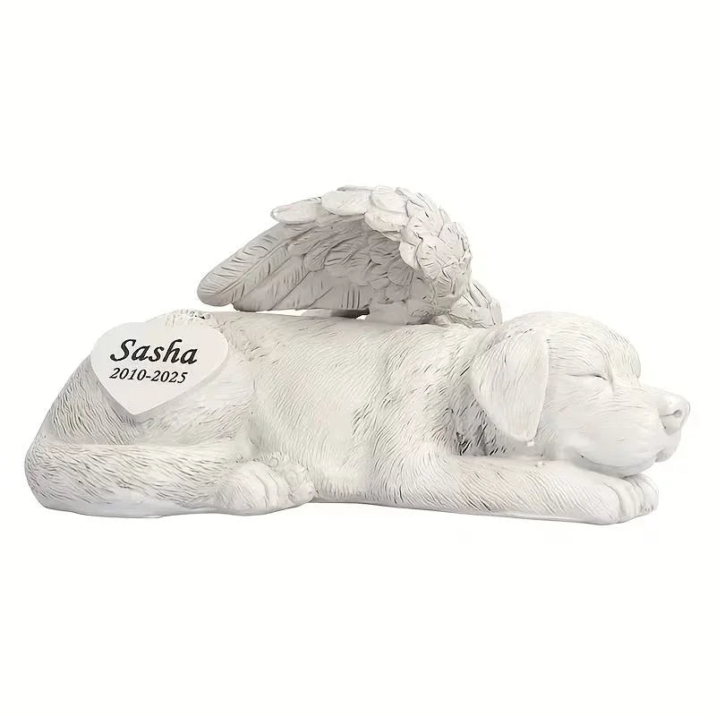 White Angel Dog Memorial Resin Commemorative Figurine Handmade Realistic Texture Engraved Words Gentle Resting Pose Indoor Outdoor Garden Lawn Courtyard Pets Memorial Supplies