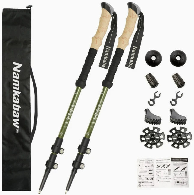 2 PCS Set Modern Durable Portable Outdoor Aluminum Alloy 3-Section Adjustable Length Telescopic Hiking Walking Stick Wood-Like Handle Climbing Walking Hiking Sports Activities Accessories
