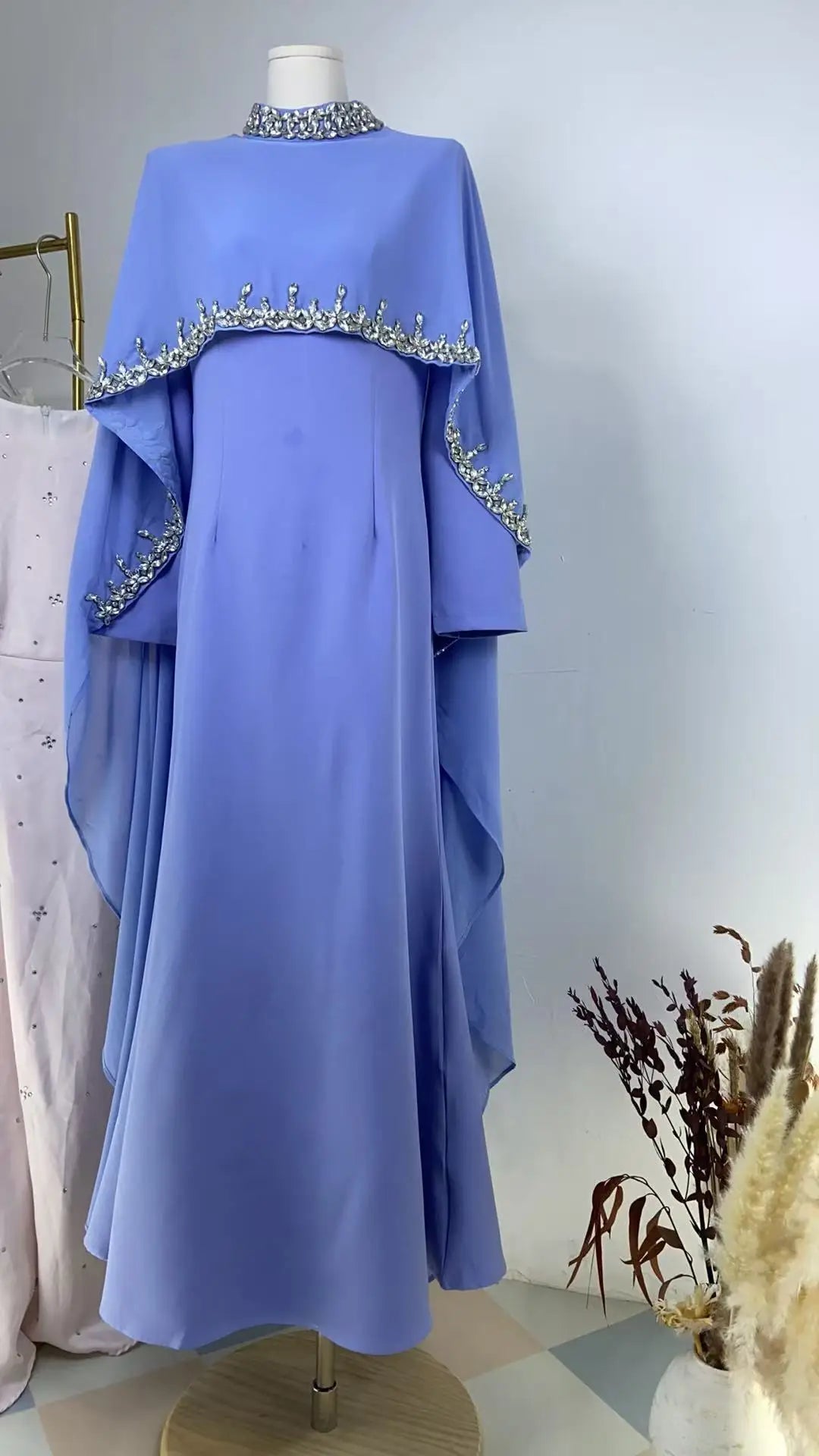5 Colors Xs-2XL Plus Size Y20 Ramadan Eid Dubai Kaftan Islam Luxury Handmade Shiny Wedding Guest  Party Dresses Rhinestone Neck Elegant Cape Muslim Women Winter Gowns