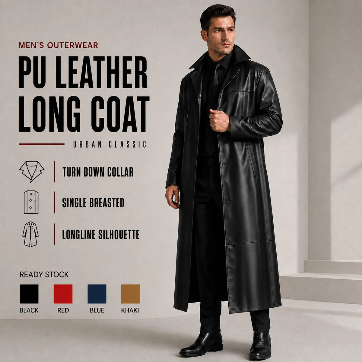 BEST PRICE 4 Colors S-5XL Plus Size Men Top Quality PU Leather Long Coat Slim Fit Trench Outerwear Windproof Single Breasted Turn Down Collar Winter Clothes Christmas Gift for Husband Lover Boyfriend