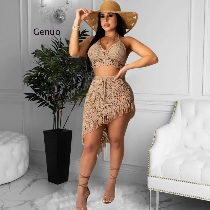 Women Irregular Two Piece Skirt Cover Up Summer Beach 2 Piece Knitted Swim Set Sexy Bandage Hollow Out Crochet Swimsuit