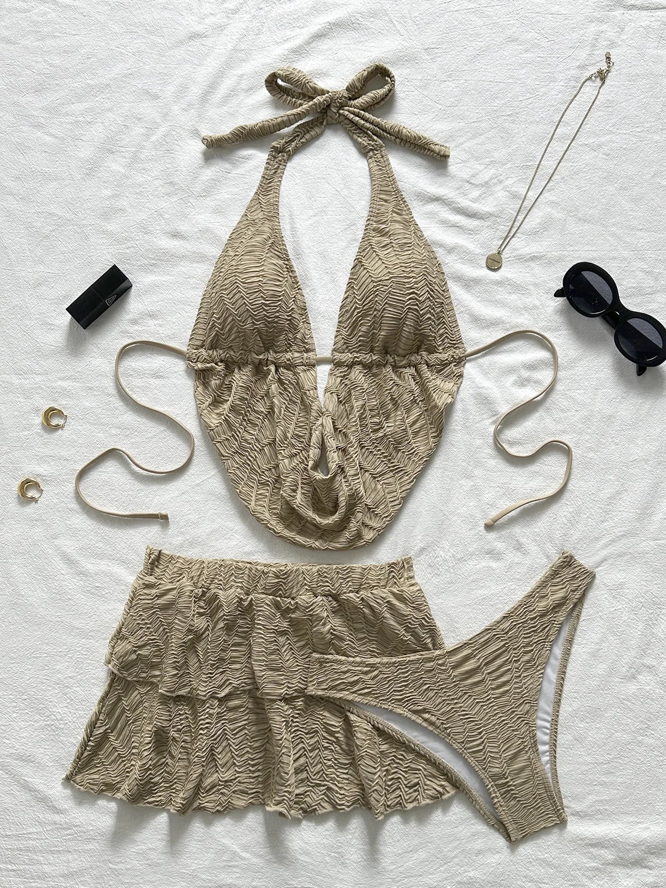 NEW Arrivals 3 PCS Set 5 Colors V-NECK Knitted Women Sexy Swimwear Shirt Top Brazilian Bikini and Skirt Set Beach Cover Ups Sexy Swimsuit Beachwear Ladies Summer Bathing Apparel Supplies