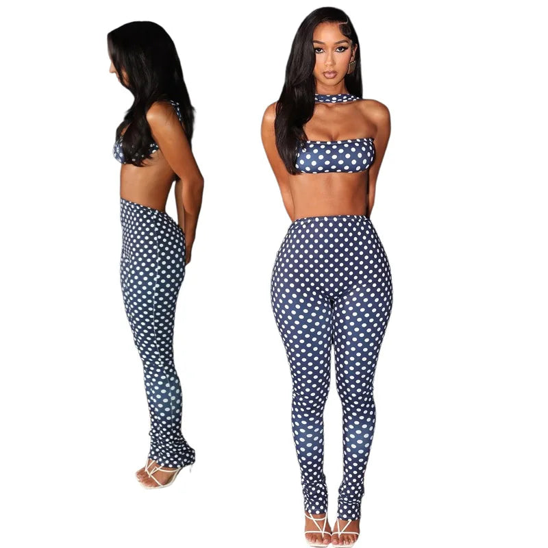 2 PCS Set White/Blue/Apricot Color Autumn Spring Summer New Fashion Women Sexy Sleeveless Creative Strapless  Backless Pattern Pants + Tops Streetwear Women Casual Clothing Supplies.