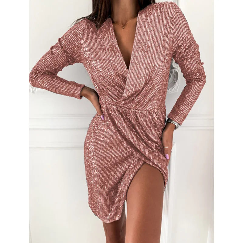 10 Colors S-3XL Plus Size Golden Silver Glitter Luxury Dresses for Women Deep V-Neck Sequin Mini Bodycon Dress Four Seasons Long Sleeve Evening Party Dress Night Clubwear Prom Gowns