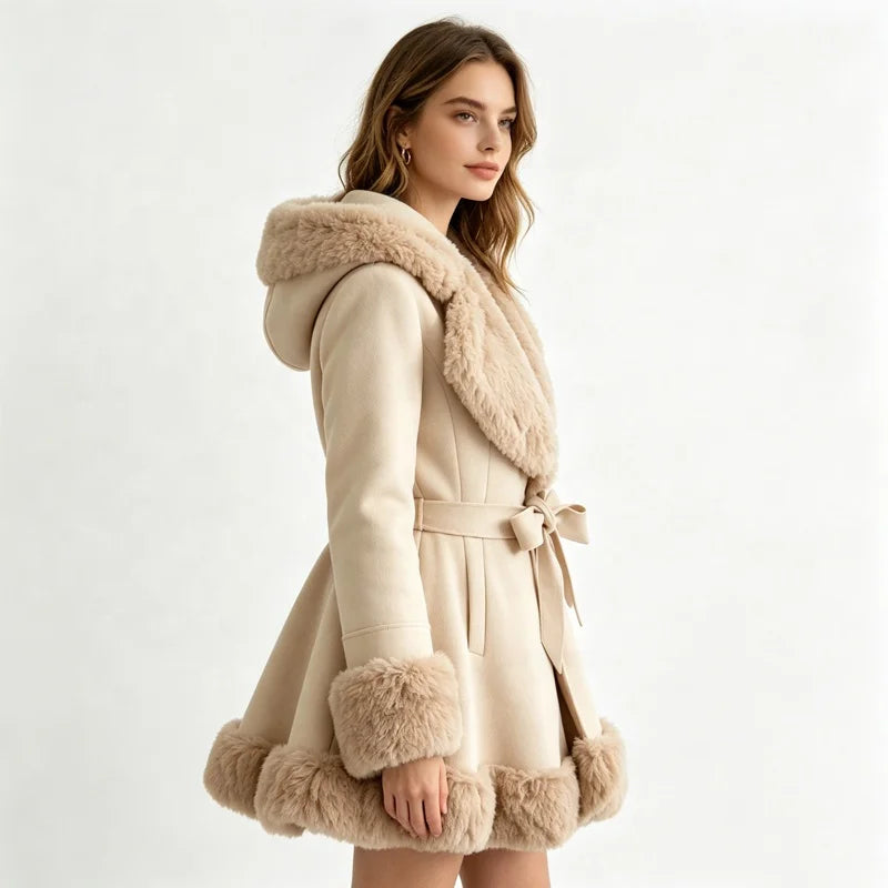 5 Colors UK (6-20) Large Size  Women's Streetwear Thick Plain Dyed Woven Single Breasted Faux Fur Trim Hooded Belted Winter Trench Coat Winter Warm Autumn Apparel Clothing Supplies