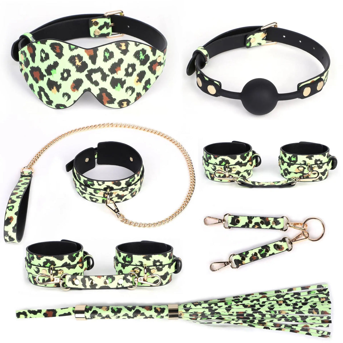 7/8 PCS Set Glow in the Dark BDSM Restraints Collar Handcuffs Blindfold Leopard Luminous Bondage Kit Sex Toys for Couples Fetish Sex Party Tools Set