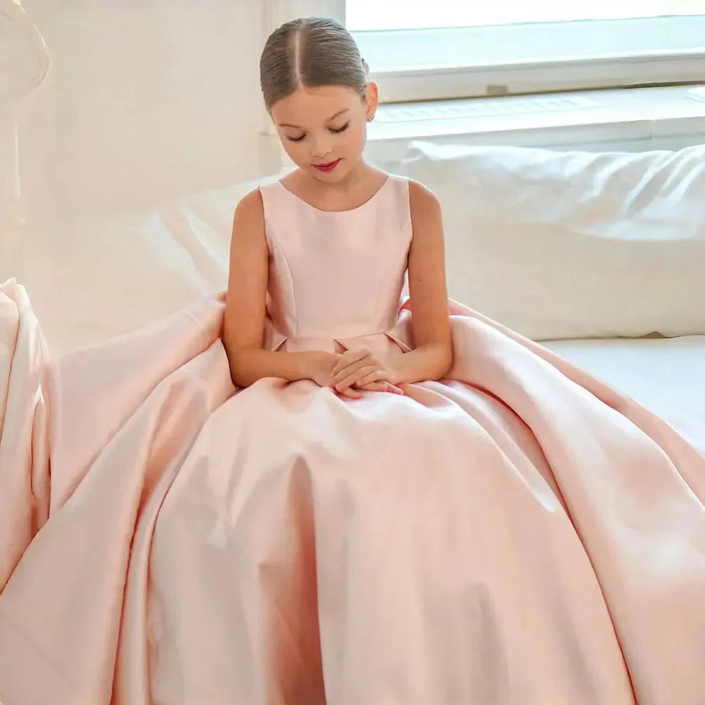 2/13 Years Old White/Pink Color Girls Bridesmaid  Satin Luxury Dress for Girls' Pageant, Wedding Evening Prom Party Birthdays Flower Girl Dress Princess Piano Performance Dress Formal Gowns