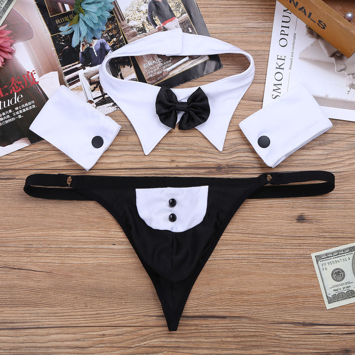 Mens Waiter Lingerie Set Sissy Sexy Tuxedo Costume G-string Thong with Bow Tie Collar and Bracelets 3Pcs Set Cosplay Underwear