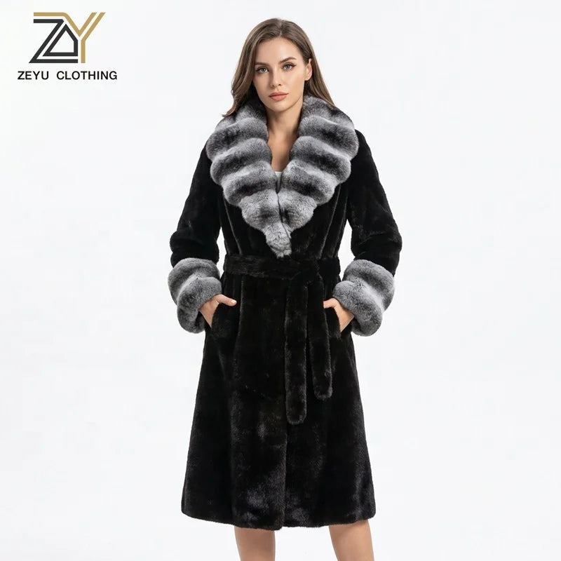 Black/Beige Color Women's Loose Long Eco-Friendly Top Quality Artificial Fur Coat Turn-Down Collar Warm Fluffy Windproof Winter Outerwear Trench Jackets Ladies Winter Clothing Supplies