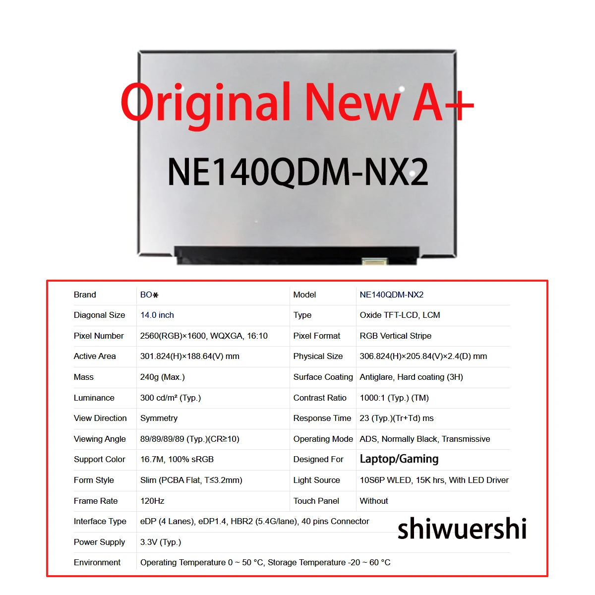 NEW 14 Inch LCD Screen Panel 2560*1600 EDP 40pins Replacement NE140QDM NX2 N41 N42 NX1 NX3 NX4 NX5 NX6 NX7 NY1 NY2 NY3 Computer Accessories