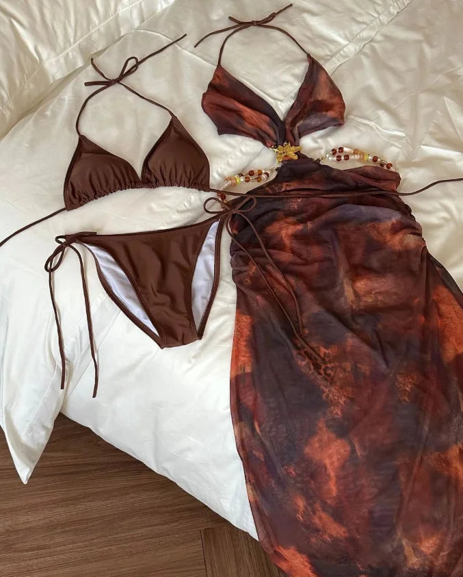 3 PCS Set Print Chains Women Sexy Swimwear Ties Details Modest Bikini and Cover Ups Maxi Dress Set Slim Fit Beachwear  S-L Women's Summer Swimming Pool Beach Bathing Apparel Suits Clothing Supplies.