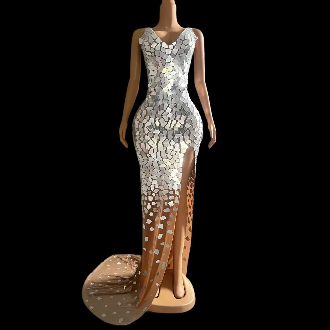 Boutique HOT SALE Luxury Mirror Glitter Sparkly Silver Crystal Sequin Celebrities Red Carpet Wedding Guest Mermaid Sexy Dress Night Clubwear Prom Business Dinner Gown Ladies Luxury Apparel Supplies