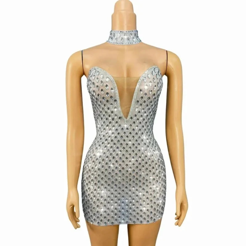 NEW Set Women's Flashing Silver Rhinestones Evening Elegant Stage Performance Wear Night Clubwear Evening Prom Party Wedding Guest Sexy Mini Dress Ladies Sexy Apparel Supplies.