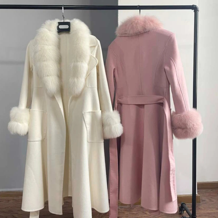 BEST PRICE 100% Cashmere 10 Colors Luxury Women's Winter Long Trench Jacket Real Natural Fox Fur New Fashion Pink Wool Coat Evening Party Wedding Guest Coats Ladies Luxury Apparel Supplies.