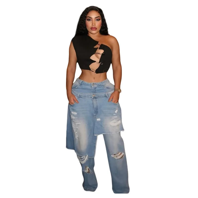 TikTok Most Popular S-2XL New Casual Straight-Leg Jeans Stretch Denim Fabric Fashionable Ripped Style Popular Europe America for Autumn Spring Summer Streetwear Female Casual Clothing Supplies
