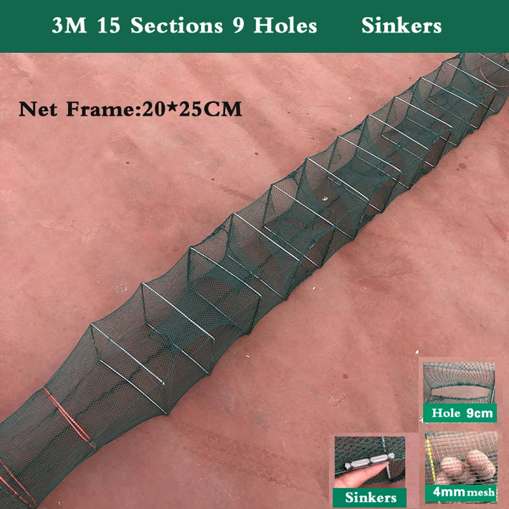 7-19 Sections 12 Holes Top Quality Professional Portable Folded Long Fishing Net 1.5M-5.5M, Crab Fish Net, Hand Casting Cage Crab Net, Mesh Trap Catcher Live Fish for Lobster