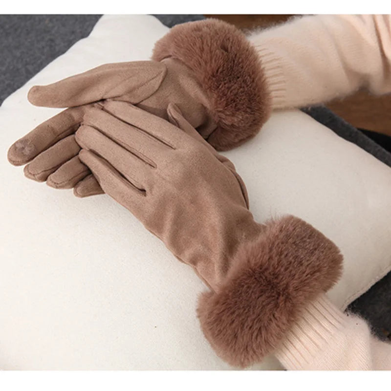 NEW Arrivals 18 Colors Women Faux Rabbit Fur Wrist Suede Leather Touch Screen Driving Glove Winter Warm Plush Thick Full Finger Cycling Black Mitten H92 Women Ladies Luxury Fashion Apparel Accessories