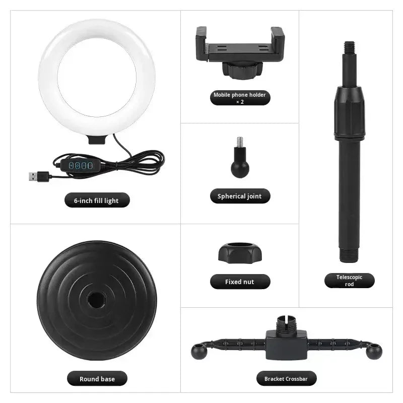 2 Phones Holder Portable Retractable Desktop Ring Light with Dual Phone Clip, Dimmable 6" LED Fill Light Stand for Live Streaming & Selfie TikTok YouTube Video Maker Vlog Social Media Tools Set