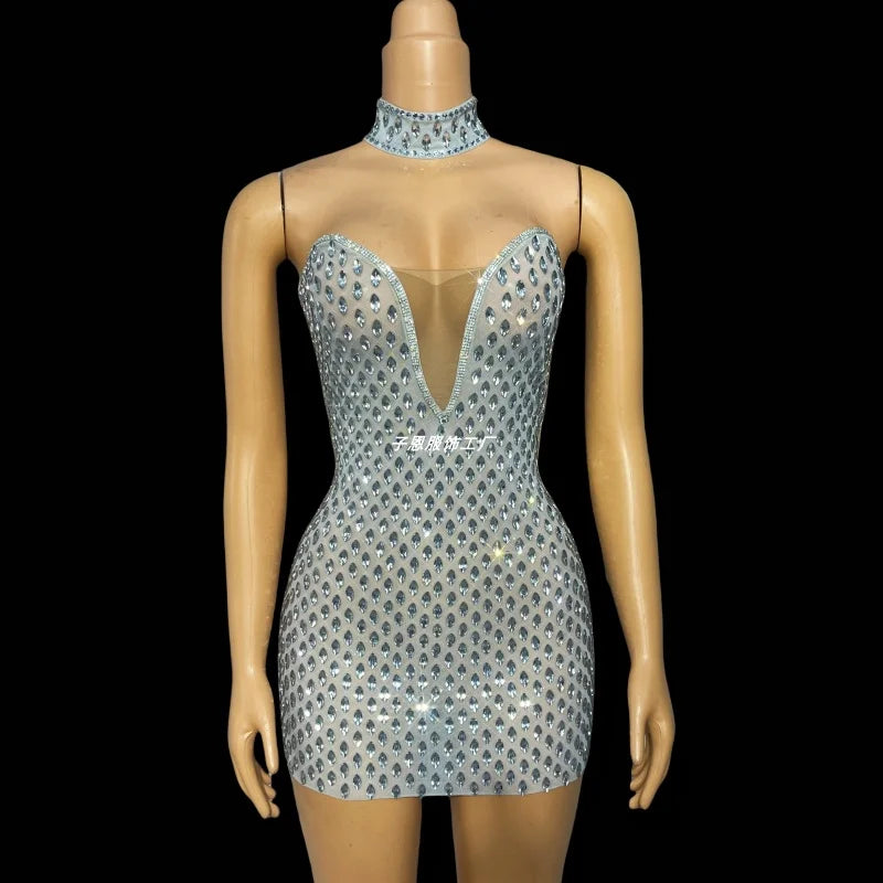 NEW Set Women's Flashing Silver Rhinestones Evening Elegant Stage Performance Wear Night Clubwear Evening Prom Party Wedding Guest Sexy Mini Dress Ladies Sexy Apparel Supplies.