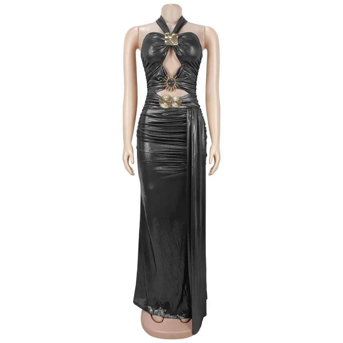 Back/Golden Color S-2XL Women Sexy Hot Lace Up Backless Halter Dress Bodycon Waist Cutout High Slit Floor Length Bronzing Solid Color Ladies Evening Party Maxi Gowns