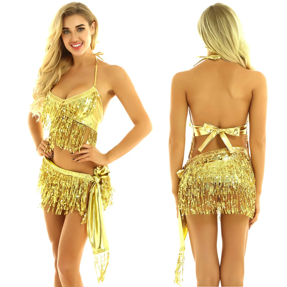 NEW Arrivals 9 Colors Women Shiny Sequins Tassels Carnival Rave Performance Belly Dance Costume Halter Bra Tops with Hip Scarf Wrap Skirt Set Ballroom Competition Dancing Dresses