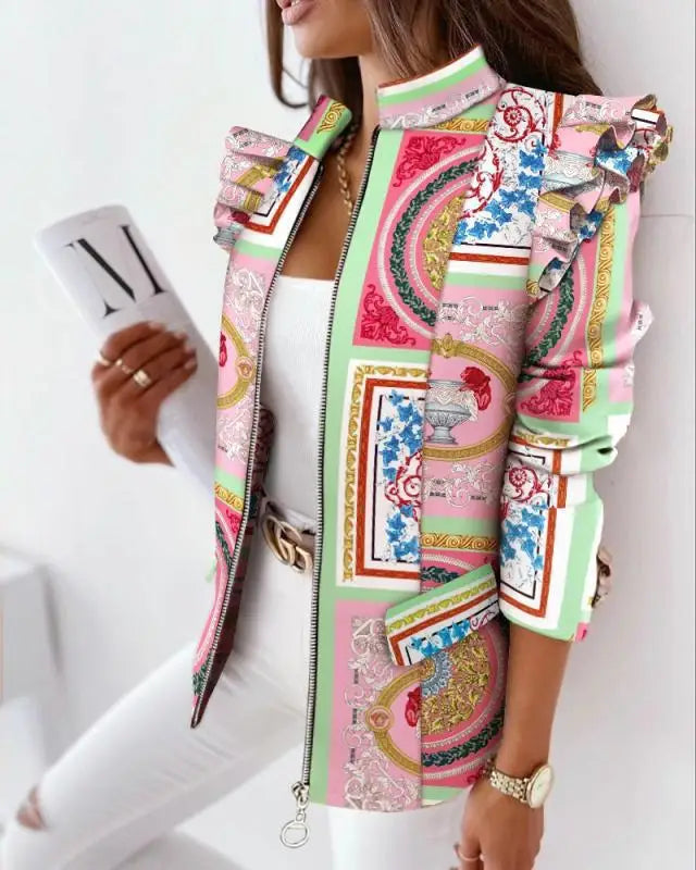 NEW Latest Fashion Design 8 Colors S-2XL Autumn Winter Spring Coats for Ladies Women  Ruffle Long Sleeve Zipper Office Lady Blazer Jackets Ladies Apparel Accessories