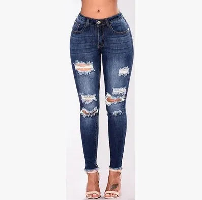 S-3XL Plus Size 3 Colors New Women Autumn Spring Summer New Streetwear Fashion Explosive European and American Elastic Hole Slim Leggings Women's Jeans Denim Ripped Pants Casual Clothing Supplies