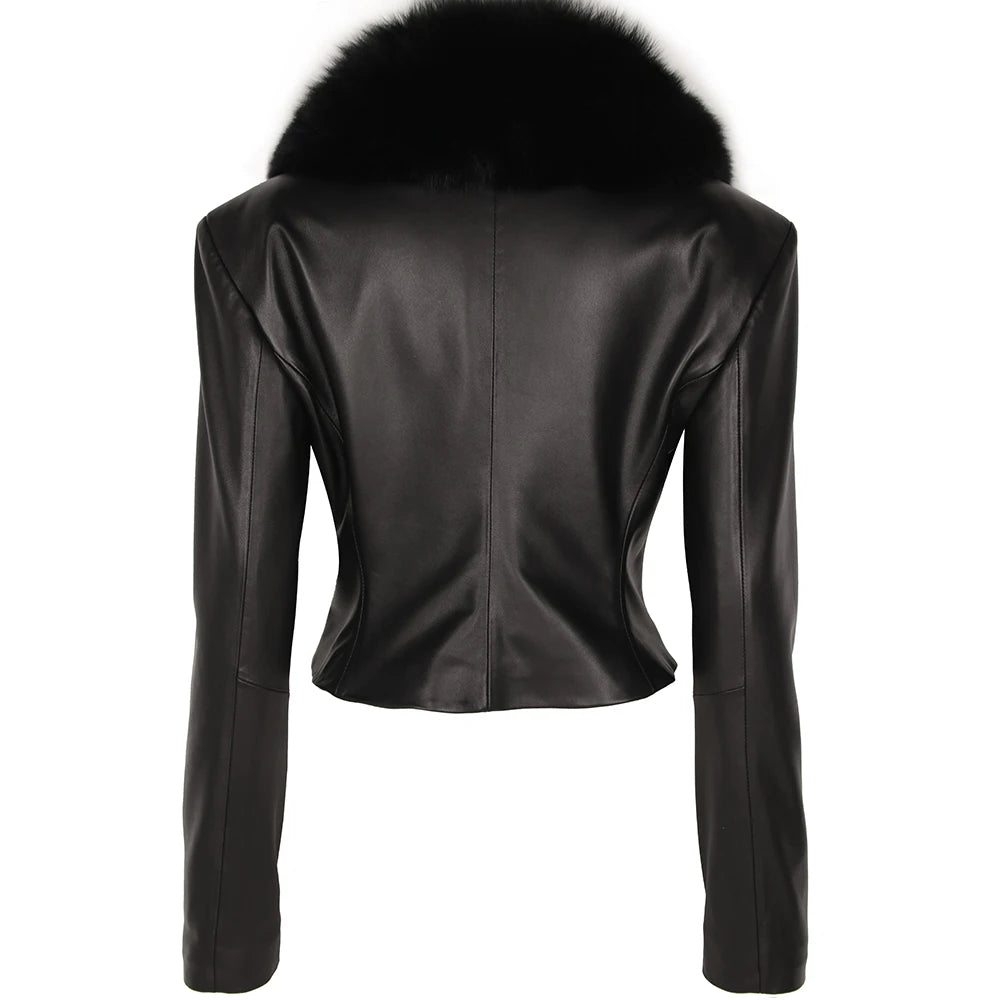 Genuine Sheepskin Real Leather Fox Real Fur Jacket Pure White/Black/Dark Brown/Pink Color Long Sleeve Premium Women Leather Jacket with Natural Fox Fur Collar Autumn Winter Girls Clothes