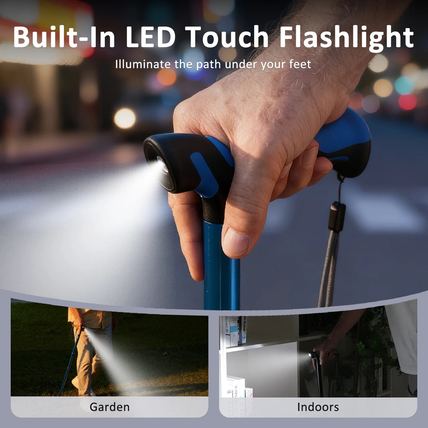 Hot-Sale New Industrial Lightweight Durable Adjustable Aluminum Alloy Walking Cane Flashlight Night Hiking Hospital Ergonomic Non-Slip Disability Tools Health Care Accessories