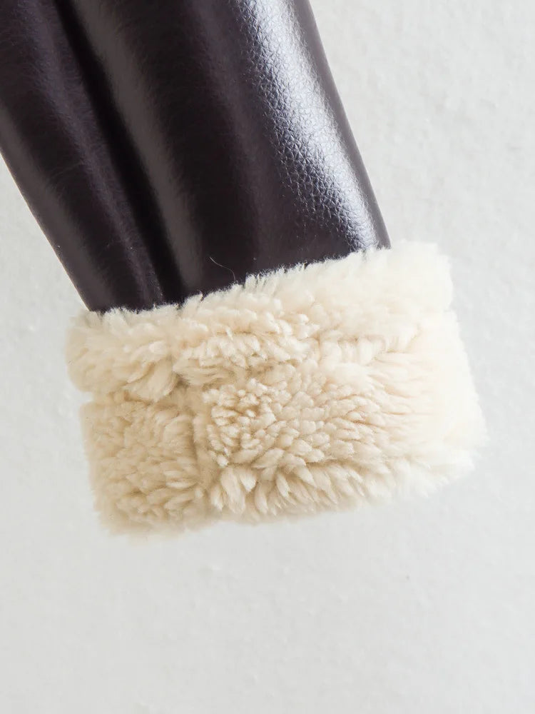 Women's New Fashion Faux Fur One Thickened Deep Warm Brown Double Sided Short PU Leather Jacket Short Coat Girls Autumn Winter Clothing Supplies