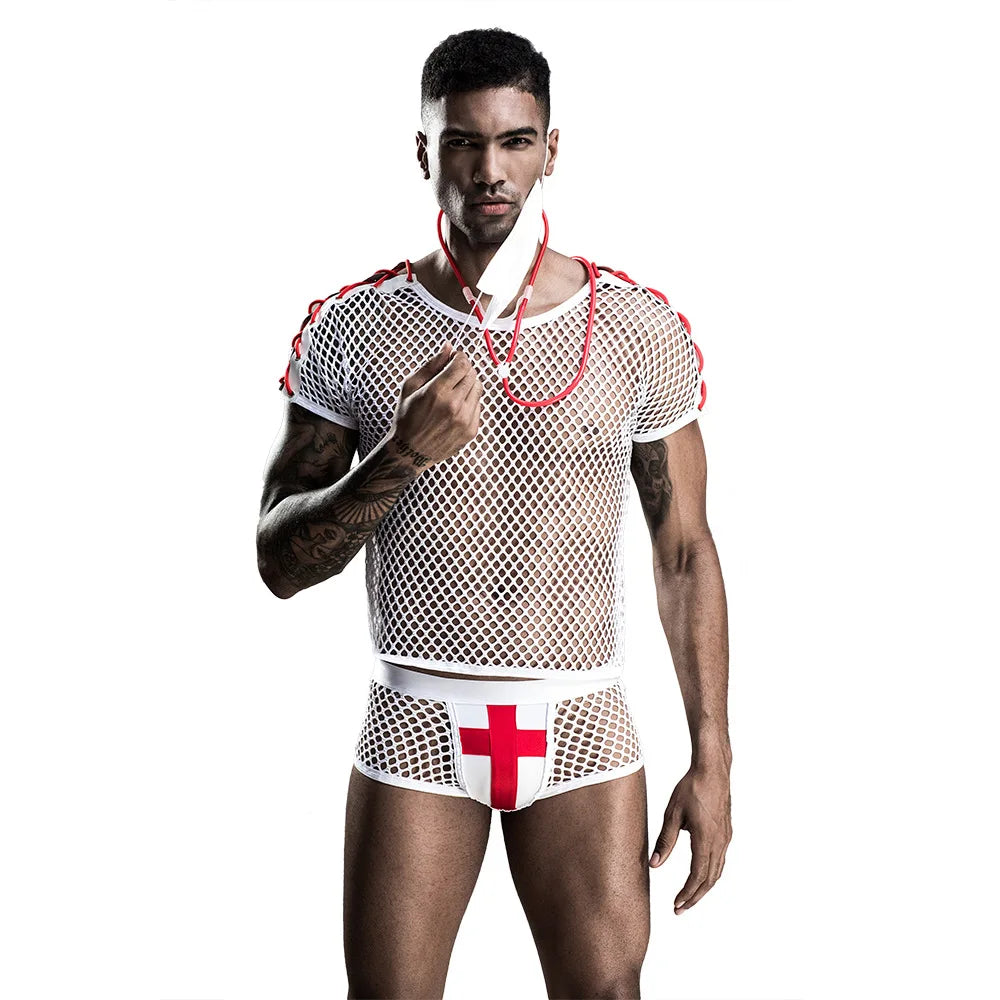 Gay Men Sexy Mesh Doctor Uniform Role Play Set Cosplay Gay Bar Dance Perform Costume Outfit