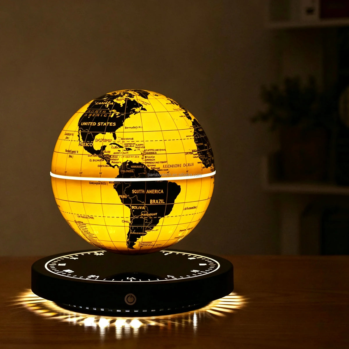 NEW Home Living Room Bedroom Luxury Golden English Rotating World Map Lampshade Magnetic Levitating Floating Globe Novelty Retro Round Clock Base 14cm 6 Inch Desk Table Home Lighting Supplies