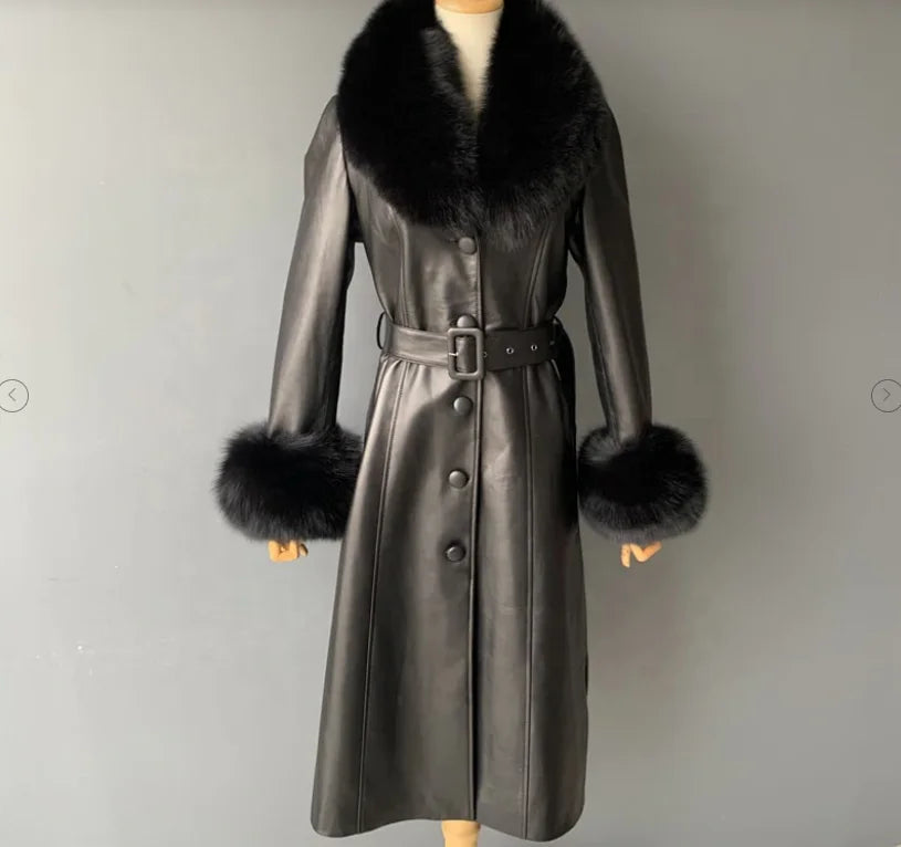 4 Colors S-4XL Plus Size Long Fur Trimmed Leather Trench Coat Women Zipper Women Fur Coat With Fur Collar Cuff Leather Autumn and Winter Outerwear Coat Women Winter Apparel Supplies