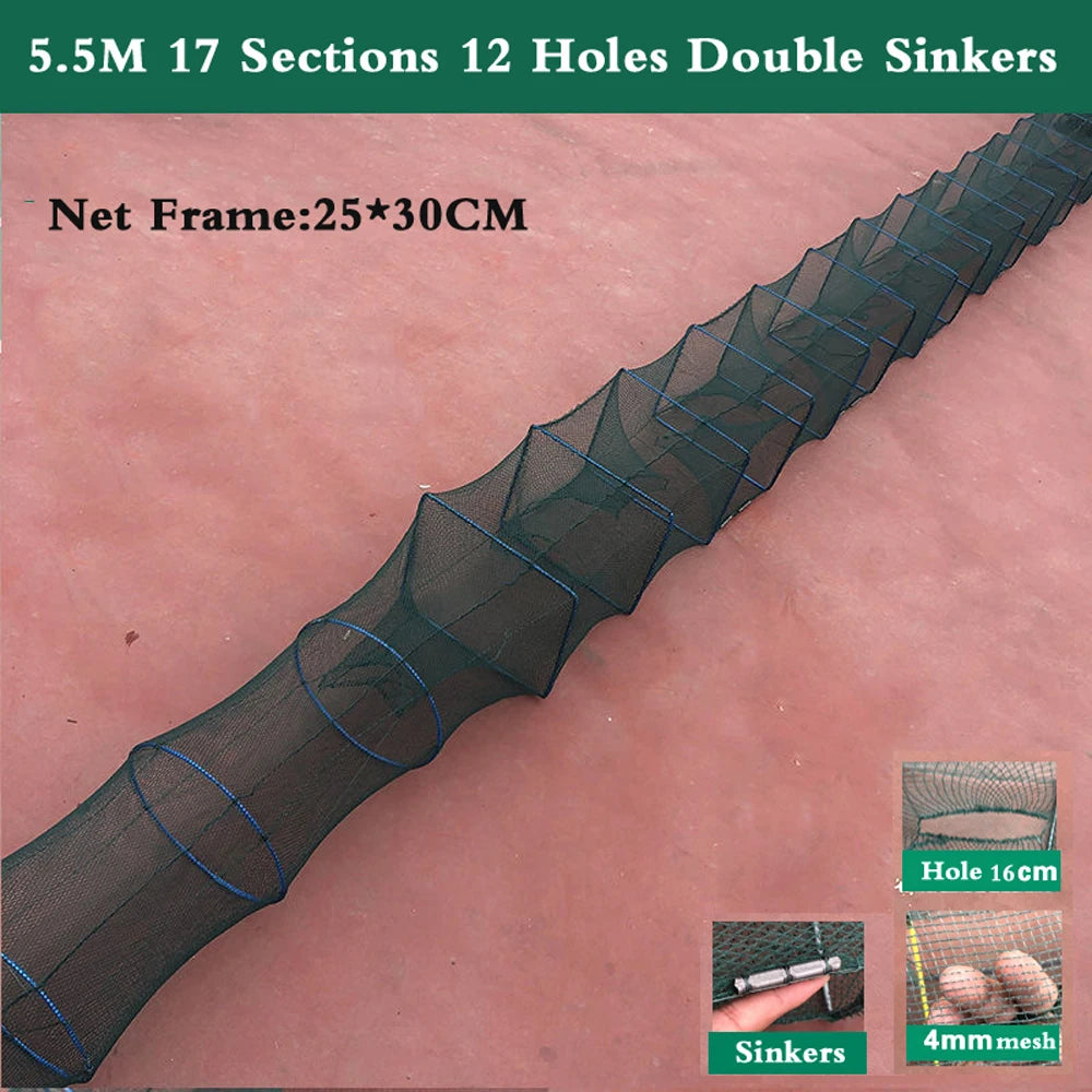 7-19 Sections 12 Holes Top Quality Professional Portable Folded Long Fishing Net 1.5M-5.5M, Crab Fish Net, Hand Casting Cage Crab Net, Mesh Trap Catcher Live Fish for Lobster