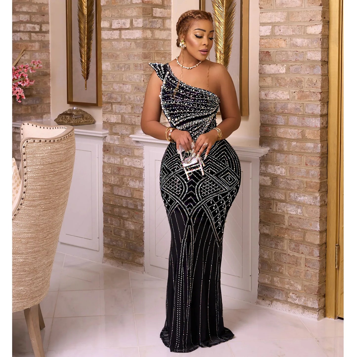 NEW Embellished Sleeveless One Shoulder Dress Straight Ball Gown Elegant Party Maxi Dresses Dresses Women Lady Elegant Gown